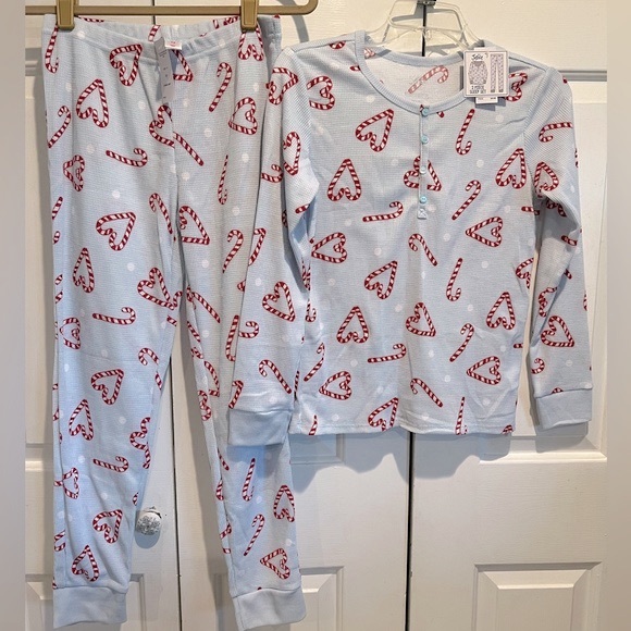 NWT- 2 Pc XMas PJ Set❤️ Lt Blue w Candy Cane Hearts , Long Pants & Henley Top - Picture 1 of 12